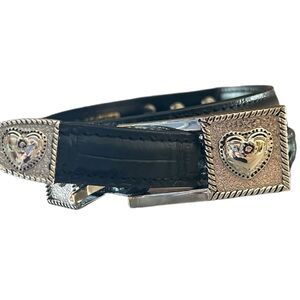 Brighton, black leather belt with silver heart accents. size small